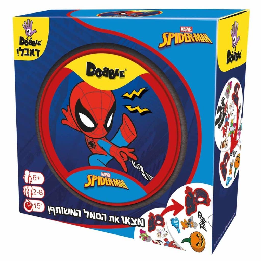 דאבל ספיידרמן משחק 1 המכיל 5 משחקים שונים! ספיידרמן, ונום, הדודה מיי, כל הגיבורים האהובים והנבלים המוכרים מספיידרמן ב-55 קלפים מאוירים. האם תצליחו להציל את תושבי ניו יורק במיני-משחק הצלה ברכבת התחתית? 5 מיני משחקונים באווירת ספיידרמן: הצלה ברכבת התחתית, שוד בנק, טוויפ,פצצת הגובלין והסימביוט. מהירות, ריכוז וכושר הבחנה. דאבל! 55 קלפים, 8 סמלים על כל קלף, ותמיד יהיה רק סמל אחד משותף לכל זוג קלפים שתבחרו! מהרו למצוא את הסמל המשותף לפני השחקנים האחרים. קטגוריה: משחקי קלפים +, כללי, משחקי זכרון ותפיסה חזותית תכולה: 55 קלפים פיתוח מיומנויות: מהירות, ריכוז וכושר הבחנה 2-6משתתפים גילאי6+ 15 דקות